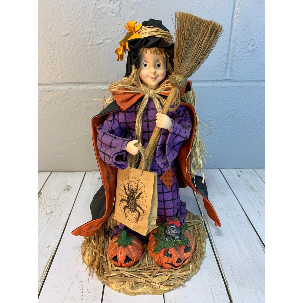 Vintage Halloween Witch Figurine with Broom, Pumpkins, & Spider Bag Decor - Picture 5 of 6